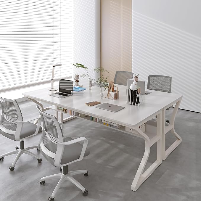 Extra Long Desk with Bookshelf - 71" Double Long Writing Table for 2-Person Workstation, Modern Study Work Computer Desk for Home and Office, Warm White
