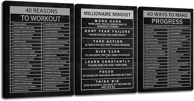 Motivational Wall Art 40 Reasons to Workout 3 Pieces Painting Canvas Print Office Decor Poster Millionaire Mindset Framed Inspirational Quotes Wall Art Decoration Ready to Hang[36''Wx 16''H]