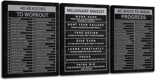 Motivational Wall Art 40 Reasons to Workout 3 Pieces Painting Canvas Print Office Decor Poster Millionaire Mindset Framed Inspirational Quotes Wall Art Decoration Ready to Hang[36''Wx 16''H]