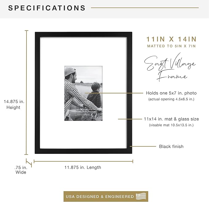 MCS East Village 11x14 Matted Picture Frame with 5x7 Photo Display, Black Wall Hanging Frame for Photos & Posters (1-Pack)