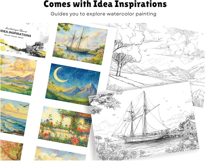 Artwink Watercolor Coloring Cards – Landscape Theme, 15 Sheets (5x7 Inches, 300gsm), Works with Watercolor, Colored Pencils, or Markers, Great for Coloring Book Lovers & Watercolor Painting Practice