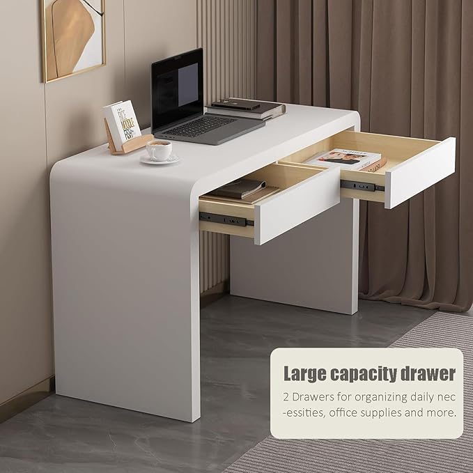 Modern Office Desk with Storage Drawers,Wood Computer Desk,White Desk Spacious Desktop,Compact Writing Study Desk,Multipurpose Workstation for bedroom home office(90x50x75cm(35x20x30inch), White)