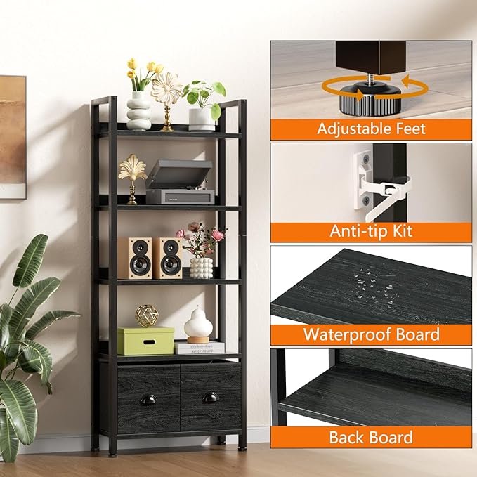 Furologee 5-Tier Bookshelf, Tall Bookcase with 2 Storage Drawers, Industrial Display Standing Shelf Units, Wood and Metal Storage Shelf for Living Room, Bedroom, Home Office, Black Oak