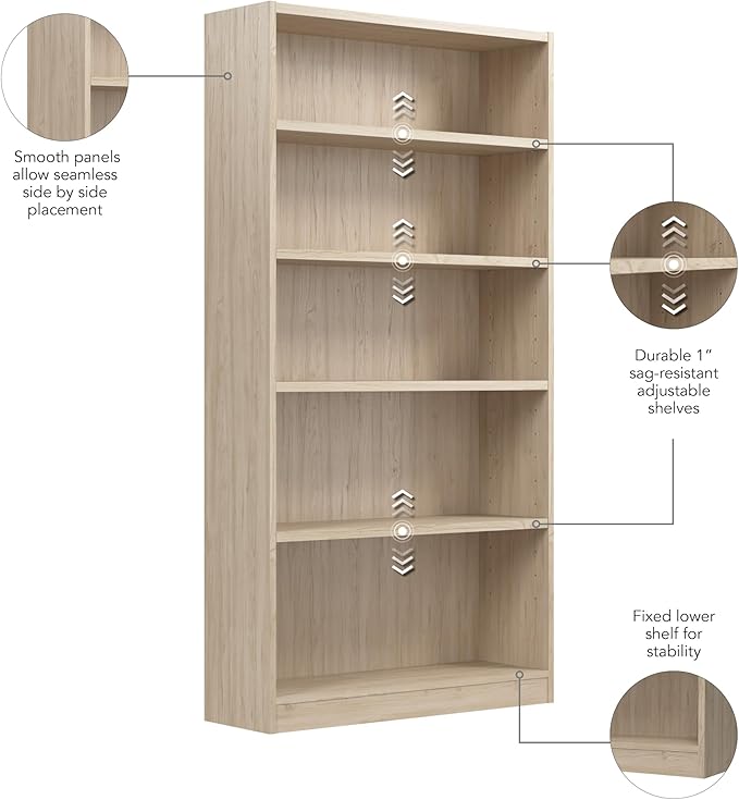 Bush Home Universal Tall 5 Shelf Bookcase in Natural Elm, Vertical Storage and Display Bookshelf for Home Office or Living Room Organization