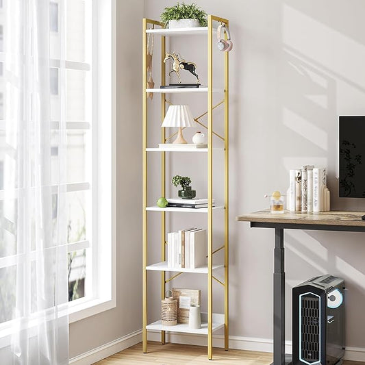 Bookshelf, Book Shelf, Industrial Bookcase with 2 Hooks, Coner Shelf Storage Organizer for Home Office, Living Room, Bedroom, Kitchen, 6-Tier White-Gold BC10713G