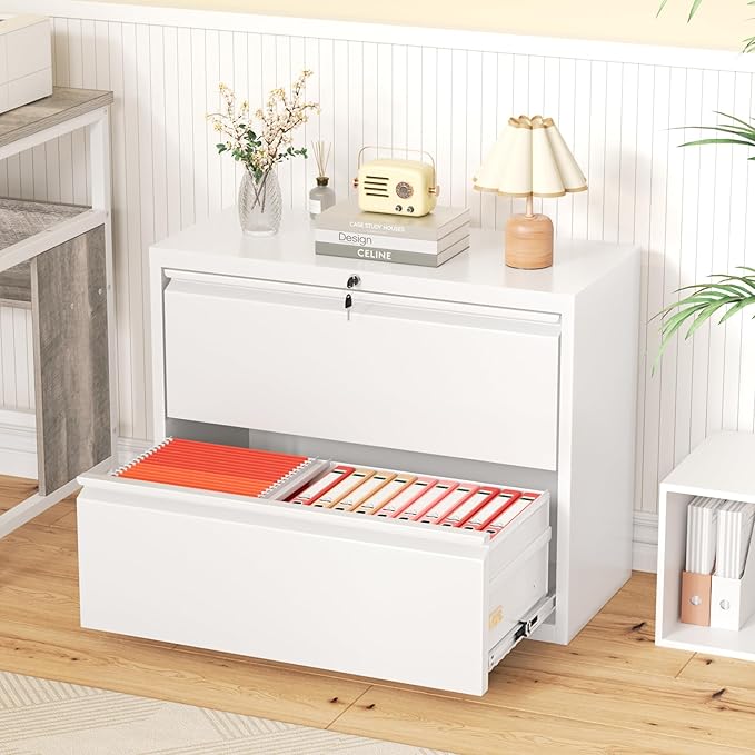 Greenvelly 2 Drawer File Cabinet, White Lateral File Cabinet with Lock, Metal Filing Cabinet for Home Office, Lockable Metal File Cabinet for Legal/Letter/A4/F4 Size with Hanging Bars&Key