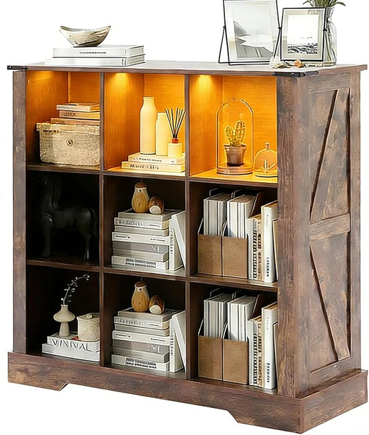 9 Cube Storage Organizer, 3 Tier Book Shelf with Led Lights, Farmhouse Book Shelves for Living Room, Horizontal Toy Storage Bookshelf, Wood Display Bookcase Cabinet for Bedroom, Office, Brown