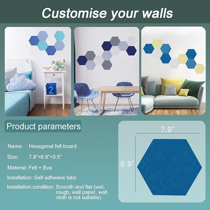 Felt Bulletin Board Tiles, 8 Pcs Hexagon Wall Tiles with Removable Adhesive, 7.9×6.9 Inch Cork Pin Board for Classroom, Home, Office (Set D, Middle)