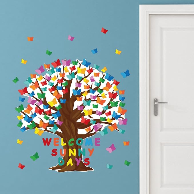 128 Pcs Butterfly Tree Bulletin Board Decorations Spring Classroom Bulletin Board Sets Welcome Sunny Days Back to School Cutouts for Wall Background Chalkboard Supplies