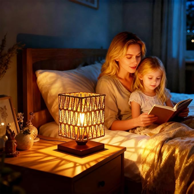 Rattan Table Lamp, Boho Bedside Lamp Vintage Wooden Nightstand Nightlight, Rustic Bamboo Woven End Table Lamps, Handmade Woven Desk Lamp, Christmas Decor for Bedroom, Living, Room Study, Kids Room