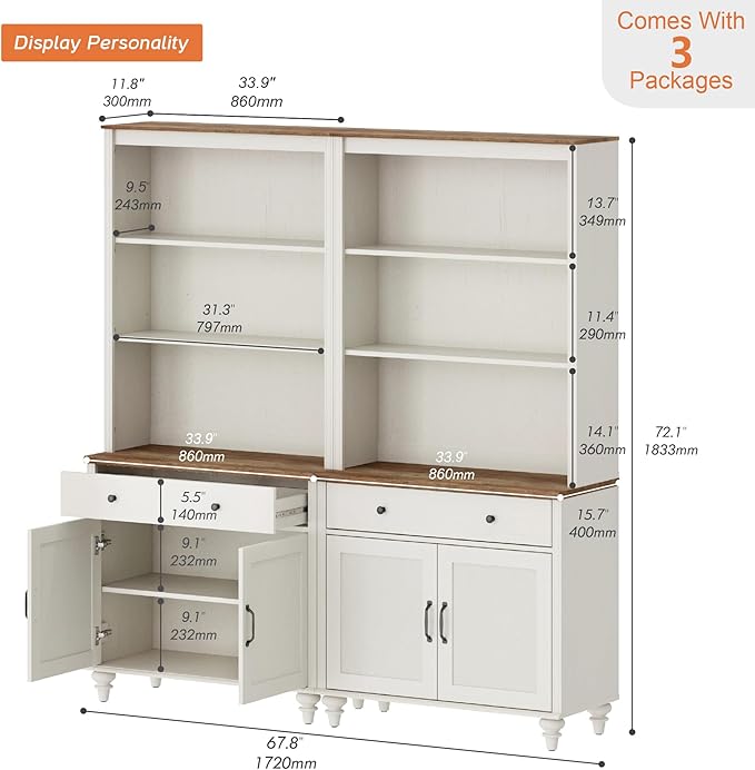WAMPAT White 5 Tier Bookcase 72" Tall Bookshelf with Barn Doors, Farmhouse Large Display Book Shelf with 2 Drawers and Storage Cabinet, Morden Library Wood Bookshelves for Living Room,Kitchen, (2PCS)
