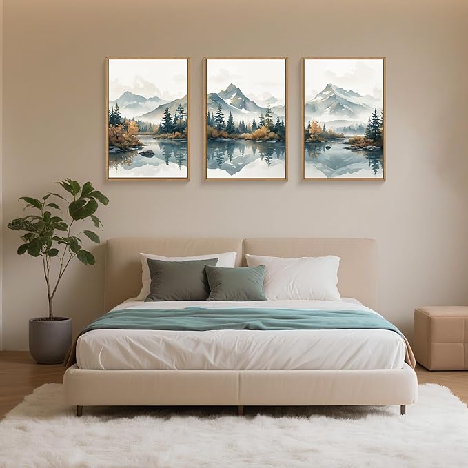 HLNIUC Large White Mountain Wall Art Framed, Snowy Green Forest Decor Set of 3 (16"x24"), Watercolor Winter Misty Nature Prints, Foggy Lake Landscape Canvas Painting for Living Room, Bedroom, Office