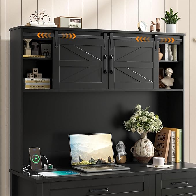 Farmhouse 67" H Executive Desk with Hutch,Computer Desk with Charging Station,Office Table with LED Light and 4 Drawers,File Drawers and Storage Cabinet,Workstation for Home Office.Black