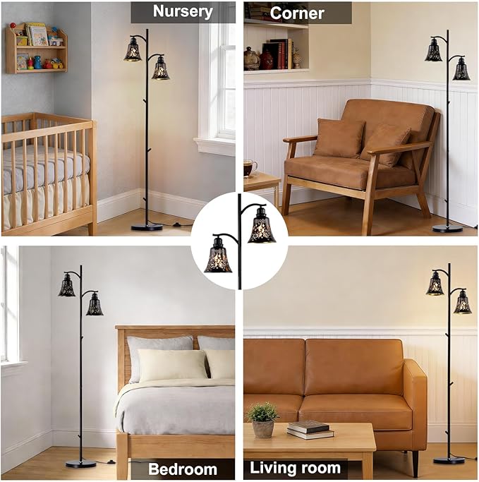 64.56" Tall Rustic Floor Lamp,2-Light Tree Gothic Black Metal Butterfly Lampshade Farmhouse Floor Lamps for Living Room,Western Standing Floor Light for Bedroom,Home,Office,Corner,Bar