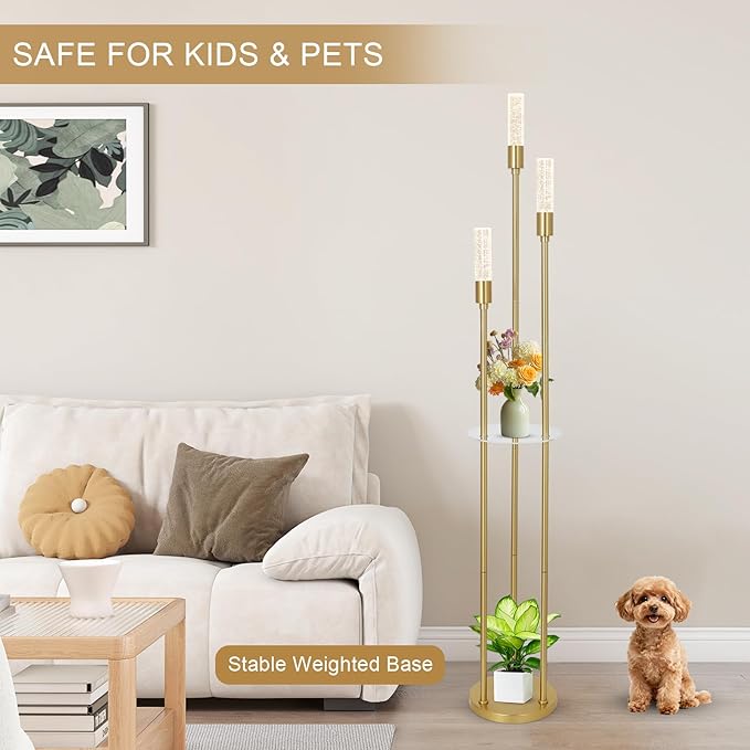 Modern Gold Floor Lamps for Living Room, Bubble Crystal Floor Lamp with Shelves, Built-in LED Lights, Brass Standing Lamps with Foot Switch, Corner Tall Floor Lamp for Bedroom, House Decor