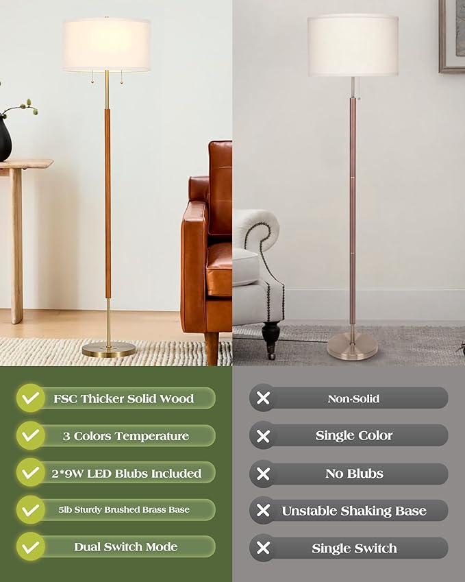 ELYONA 2-Light Wood Floor Lamp for Bedroom Mid Century Modern Standing Lamp White Fabric Shade Tall Pole Corner Light for Living Room Office 3 Color Temperatures 9W LED Bulbs Include, Brushed Brass
