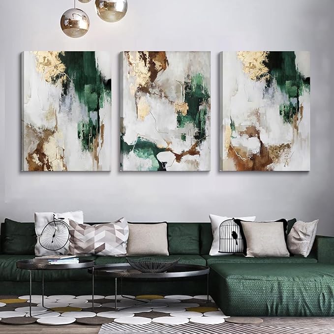 3Pcs Framed Green and Gold Canvas Wall Art Abstract Posters Print Brown and Gray Line Pictures Decor for Living Room Bedroom Bathroom Home Decoration