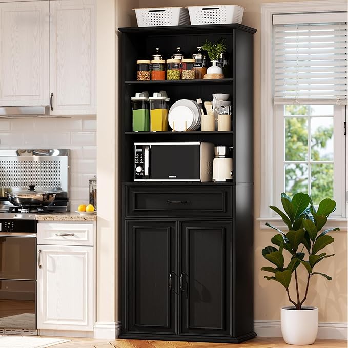 Cyclysio 80" Tall Bookcase, Farmhouse Bookshelves with Drawer and Doors, Floor Standing 6 Shelf Display Storage Cabinet for Home Office, Living Room (1, Black)