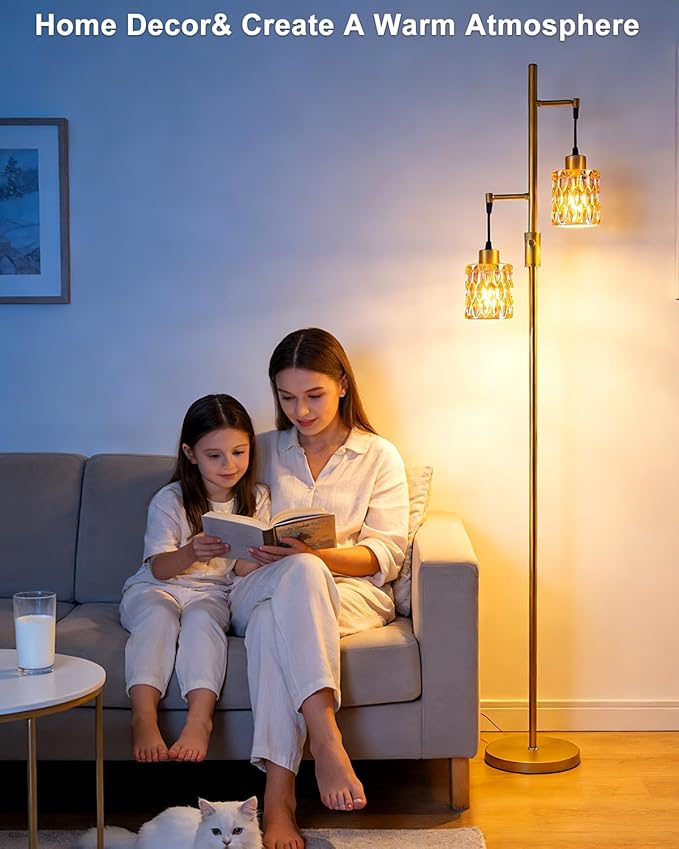 Lightdot 65IN Industrial Gold Floor Lamp for Living Room, 2- Light Dimmable Brown Glass Floor Lamps with 3000K Warm White Bulbs, Modern Farmhouse Tree Standing Tall Lamp for Bedroom Office Home Decor