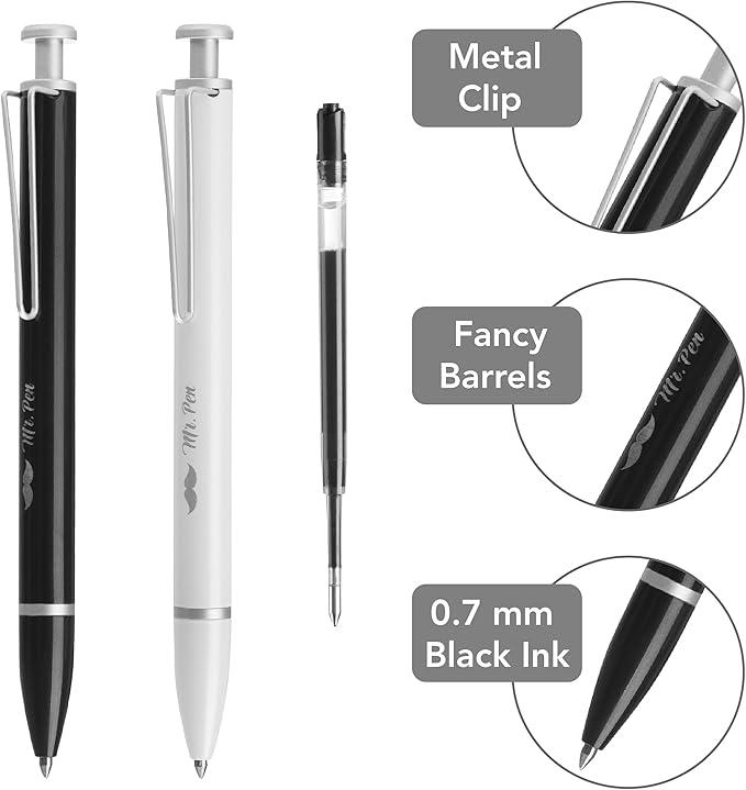 Mr. Pen- Metal Retractable Gel Pens, 2 Pack, Black Ink, 2 Refills, Fine Point 0.7 mm, Fast Dry, Smooth Writing, Cute Pens for Drawing, Writing Planner and School Supplies