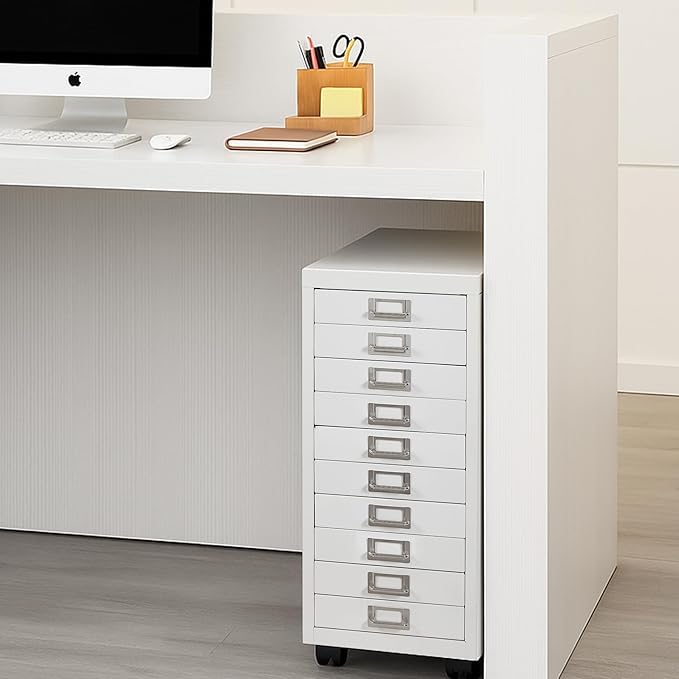 File Cabinet MINI 10 Tier Metal File Organizer Document Organizer with Wheel, White Color, for Home Office, Office Desk File (White)