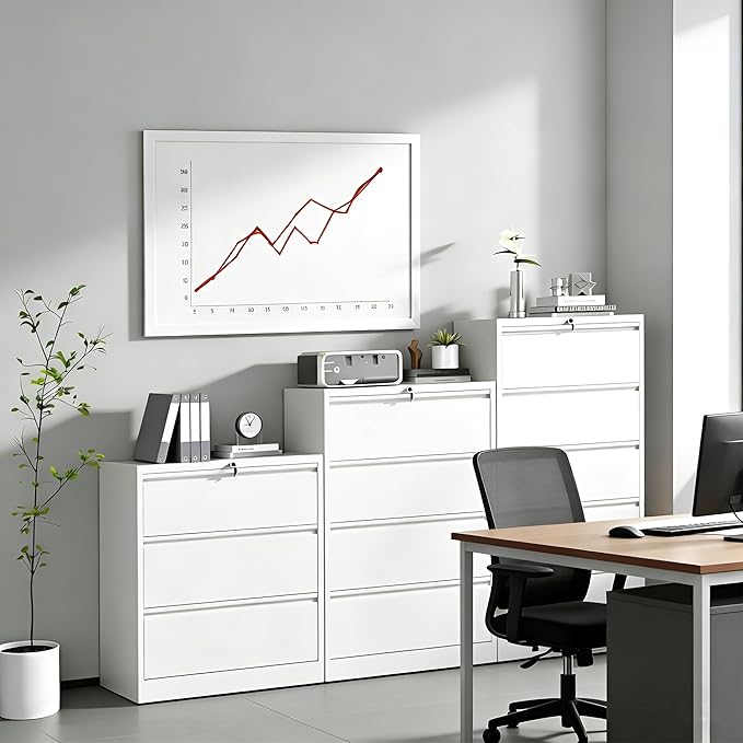 3 Drawer Lateral File Cabinet with Lock, Metal Lateral Filing Cabinet for Home Office, Steel Wide Horizontal Filing Cabinets for Letter/Legal/A4/F4 Hanging Files (White)