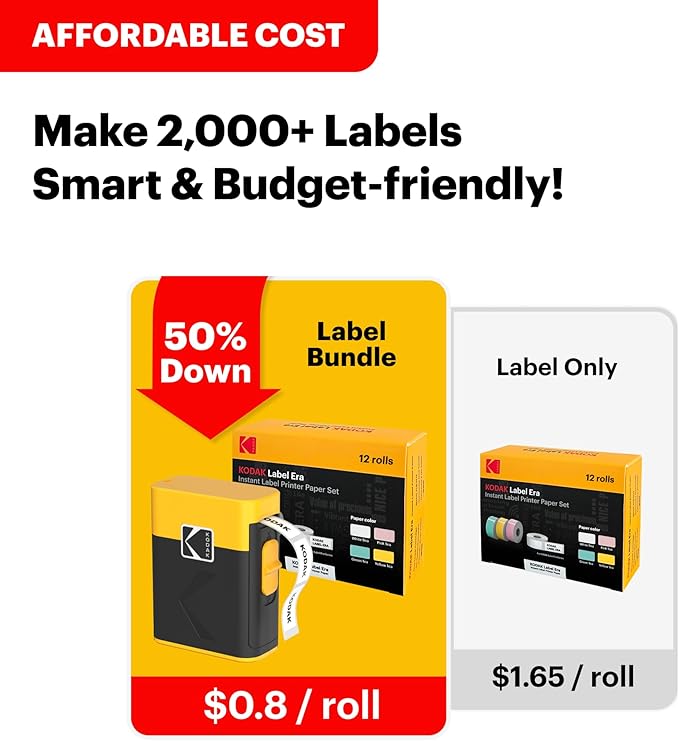 KODAK Label Maker Machine + 12-Pack Refills Bundle, Safe Blade Label Printer for Office, School & Home Organization, Yellow