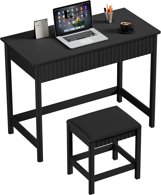 ChooChoo 40 Inch Modern Desk with Drawers, Makeup Vanity Desk with Padded Stool, Small Home Office Desk for Bedroom, Black