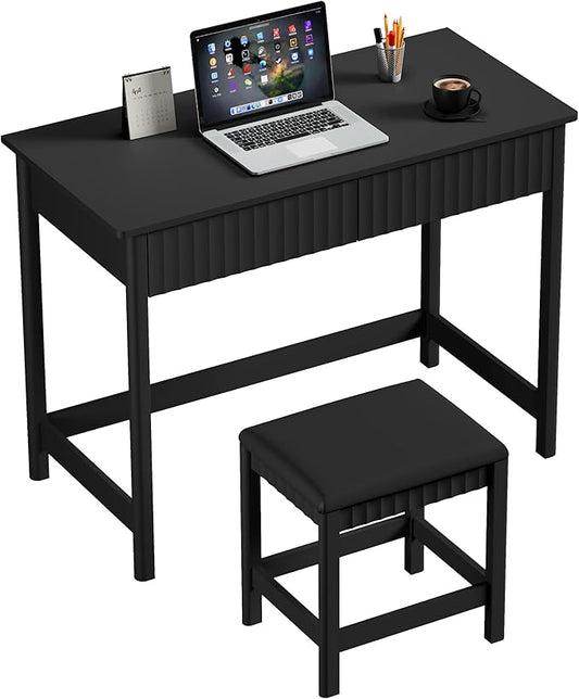 ChooChoo 40 Inch Modern Desk with Drawers, Makeup Vanity Desk with Padded Stool, Small Home Office Desk for Bedroom, Black