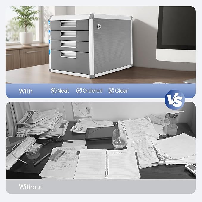 File Cabinet, Desk Organizer with 7 Drawers Metal Desktop Storage Cabinet File Holder with Locks and Keys for Home Office Organization (4 Layers)