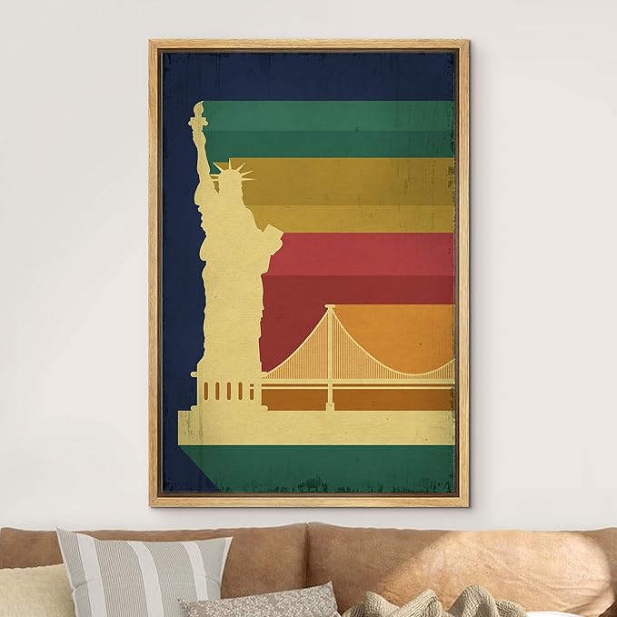IDEA4WALL Framed Canvas Print Wall Art Retro Vintage Rainbow Statue of Liberty Poster Cultural Building Illustrations Modern Art Contemporary Scenic for Living Room, Bedroom, Office - 24"x36" NATURAL