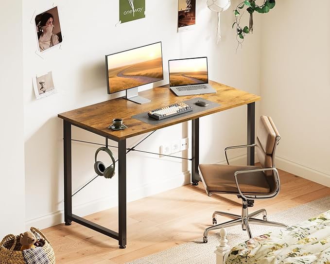 Casaottima 40 Inch Small Computer Desk for Home Office, Study Writing Table for Small Spaces, Simple Modern Desk with Headphone Hooks, Rustic Brown