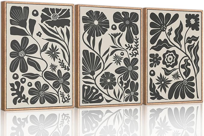 Ausril Black Floral Botanical Framed Canvas Wall Art Set, Abstract Floral Market Wall Decor, Modern Vintage Wall Painting, Boho Minimalist Art Print for Living Room Girl Room Office 16"x24"x3