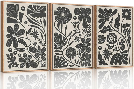 Ausril Black Floral Botanical Framed Canvas Wall Art Set, Abstract Floral Market Wall Decor, Modern Vintage Wall Painting, Boho Minimalist Art Print for Living Room Girl Room Office 16"x24"x3