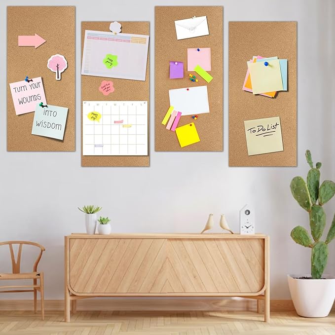 Cork Board 17 X 8 inch Self Adhesive Corkboards for Wall School Home Office 4 Pack Bulletin Boards with 100 Push Pins
