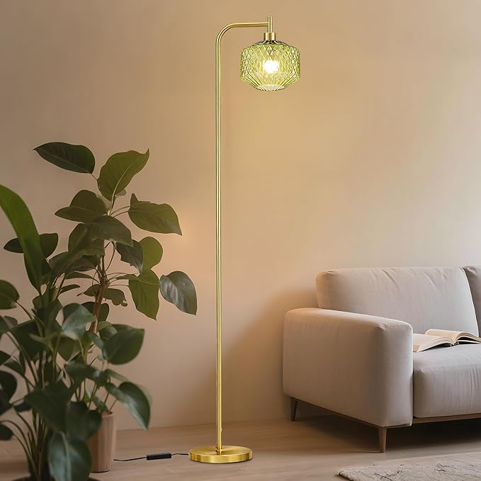MAYNA Mid Century Modern Floor Lamp, Emerald Green Ribbed Glass Standing Lamp with Built-in Timer Switch, Gold Tall Vintage Lamps for Living Room Bedroom, 2700K LED Bulb Included