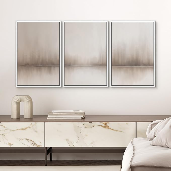 SIGNWIN Framed Canvas Print Wall Art Set Foggy Forest Reflection Tranquil Neutral Abstract Landscape Illustrations Modern Art Decorative Abstract for Living Room, Bedroom, Office - 24"x36"x3 White