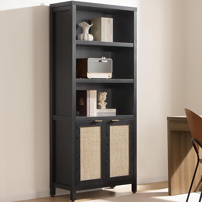SICOTAS Bookcase 71" Tall Bookshelf 5 Tier Rattan Boho Bookcase with Doors Storage Large Book Case Shelf Farmhouse Bookshelves Library Book Shelves for Living Room Bedroom Home Office Kitchen