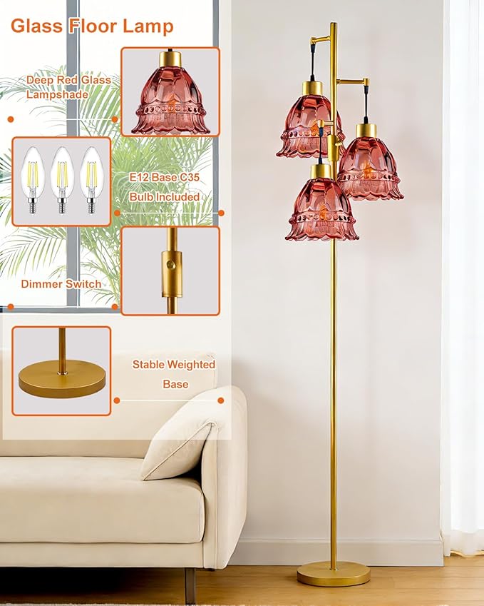 Lightdot 3-Lights Glass Floor Lamp Dimmable Gold Floor Lamp with Deep Red Glass Shade 3000K Bulbs Included Unique Modern Standing Tall Lamp for Living Room/Bedroom/Sofa Beside/Corner Decor