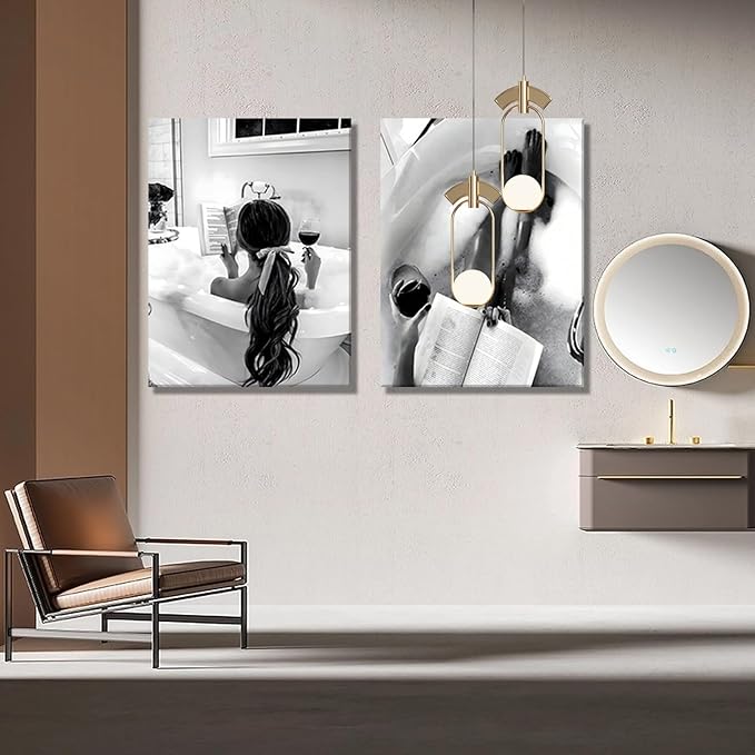 Framed 2pcs Black and White Trendy Bathroom Wall Art Girl in Bathtub Poster Aesthetic Picture Canvas Prints for Fashion Girl Bathroom Décor Minimalist Painting 12x16Inch