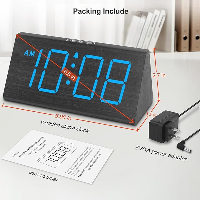 DreamSky Wooden Digital Alarm Clocks for Bedrooms - Electric Desk Clock with Large Numbers, USB Port, Loud Alarm for Heavy Sleepers, Adjustable Volume, Dimmer, DST, Wood Décor Gifts, Adapter Powered