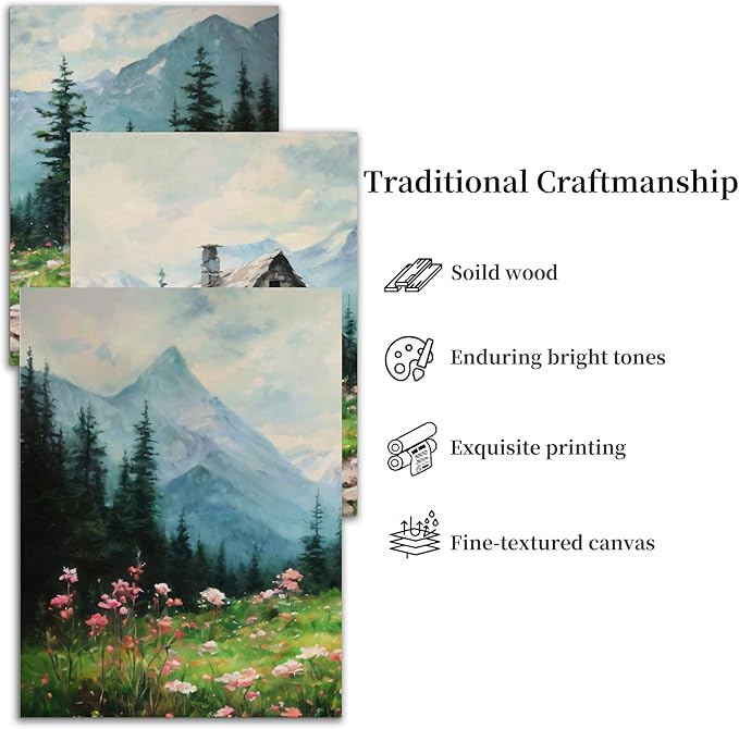 SERIMINO Nature Landscape Canvas Wall Art for Living Room, Forest Mountain Canvas Prints Paintings Room Decor, Cottage Meadow Wildflower Modern Farmhouse Wall Decor Set of 3, 12"X16"