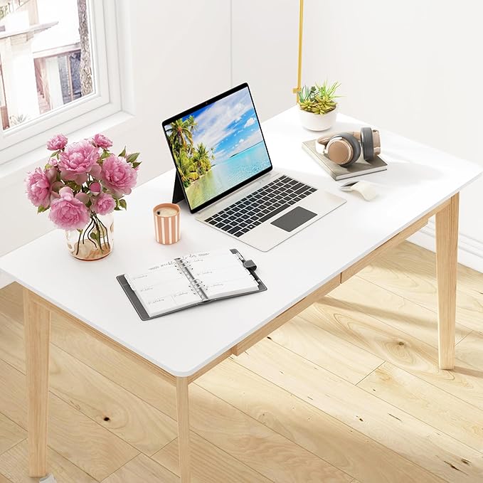 Home Office Computer Desk Coner Desk with 2 Drawers, Study Writing Table for Home Office, Study, White & Natural (47.2 ”W x 23.6”D x 29.1”H)