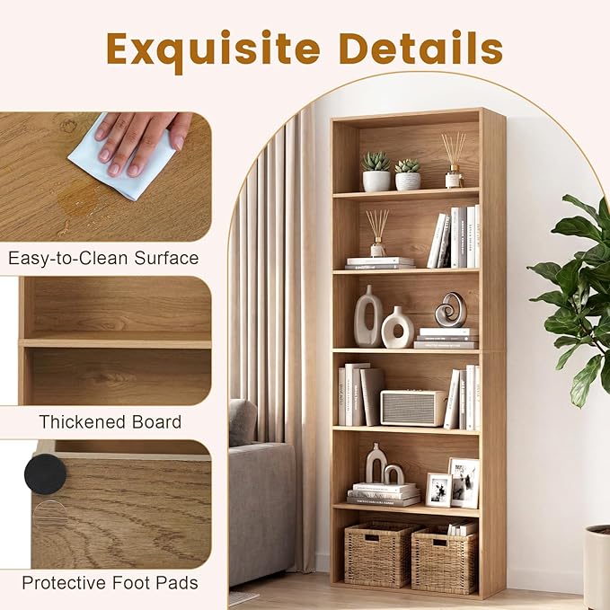 Tangkula 6-Tier Bookcase, 70” Tall Freestanding Bookshelf with 6 Open Shelves, Anti-Toppling Kits, Floor Display Storage Organizer for Living Room, Study, Kitchen, Home & Office (Natural, 70" H)