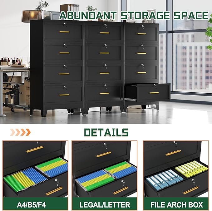 4 Drawer File Cabinet with Lock, Metal Lateral File Cabinets for Home Office, Steel Wide Filing Organization Storage Cabinets, Home Office Furniture for Hanging Files Letter/Legal/F4/A4 Size