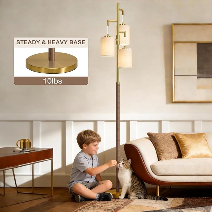 70" Dimmable Floor Lamp Wood Floor Lamps for Living Room Bedroom Mid Century Modern Floor Lamp Gold Standing Lamp Tall Lamps for Office Nursery Reading Elegant Stand Up Lamp, 3 Bulbs Included