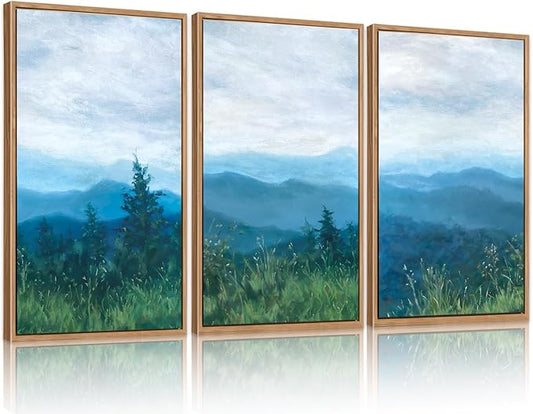 CHDITB Boho Blue Mountain Framed Wall Art Paintings(16"x24"), 3 Panels Blue White Sky Ridge Virginia Landscape Watercolor Canvas Artwork Printings, Large Modern Cloud Trees Nature Posters for Bedroom Living Room