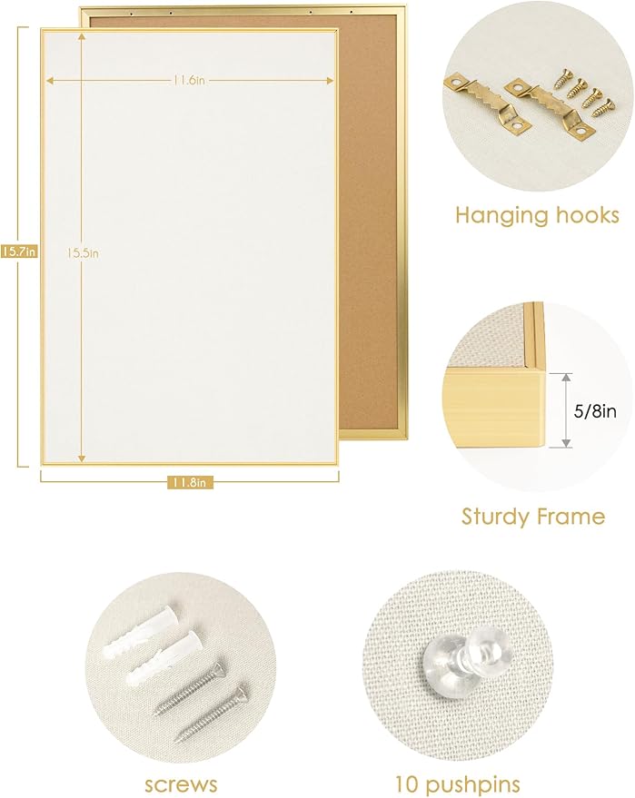 Bulletin Board 16 x 12 inches, Oatmeal White Pin Board, Golden Aluminum Framed Fabric Cork Board with 10 Push Pins