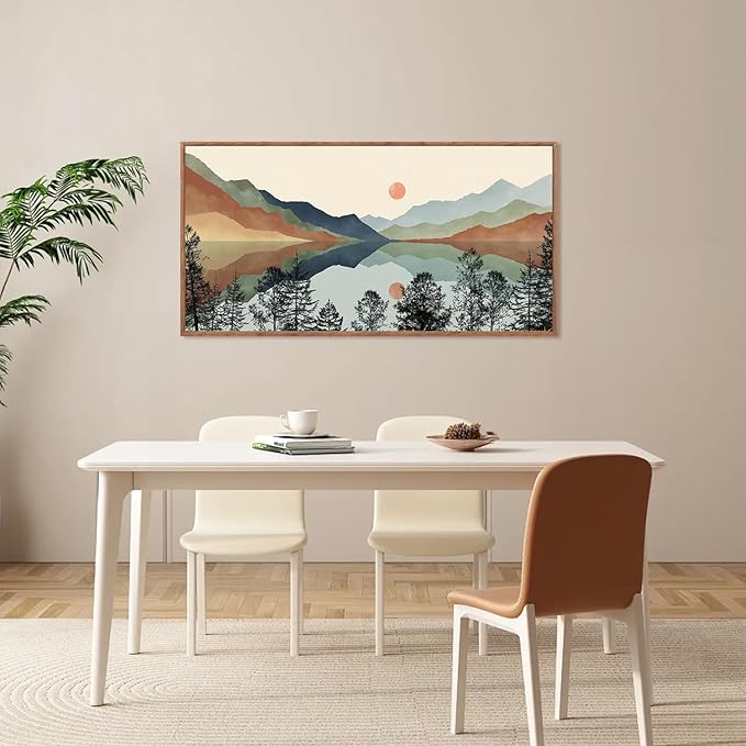 CHDITB Mountain Sun Forest Framed Art Prints(40"x20"), Boho Watercolor Nature Landscape Canvas Artwork Painting, Abstract Foggy National Park Scenery Poster Decor for Living Room Bedroom