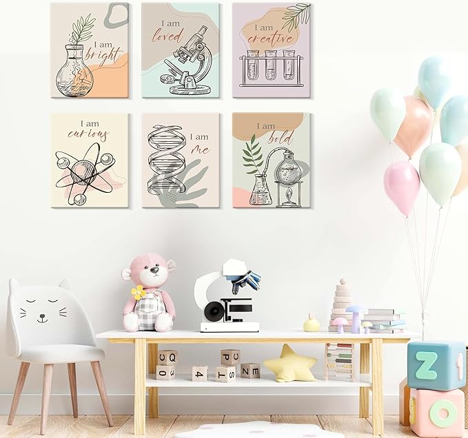 CHDITB Chemical Science Art Print For Classroom, Boho Funny Chemistry Motivational Poster Set Of 6(8x10inch) Middle School Science Explore Canvas Framed Wall Art For Laboratory Lab Library Decor